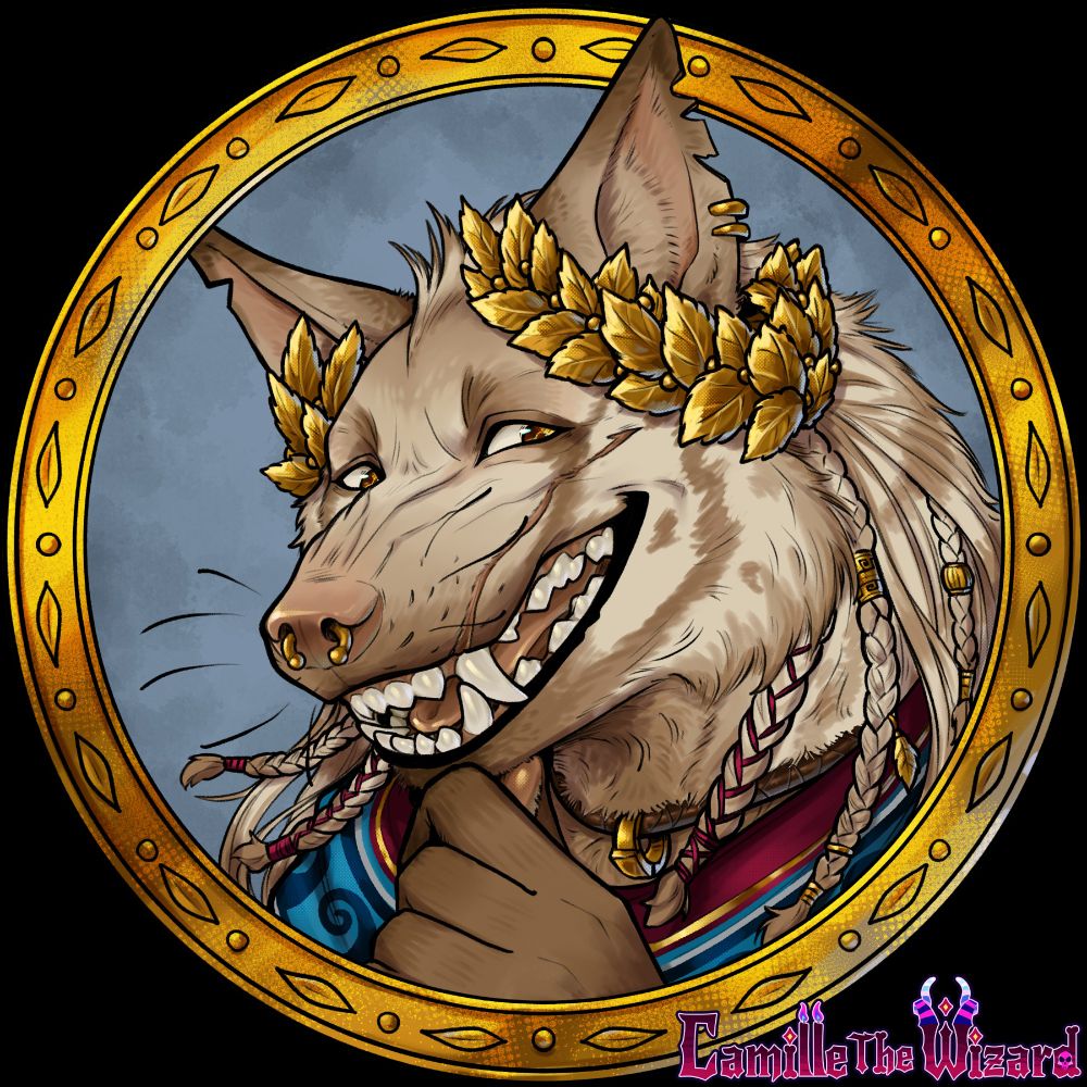 drawing of a gnoll with leucism, wearing roman inspired clothing, sporting a golden laurel wreath