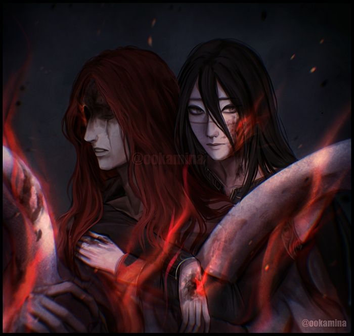 Digital art of Messmer the Impaler from Elden Ring (Base Serpent), and my Tarnished oc Näset.
Her arms are embracing his neck from behind, she looks to the side opposite of him. He's anguished, she's melancholic. Parts of their bodies are slowly burning in his flames.
Overall atmosphere is dark and desaturated. The background doesn't have details, just a texture.

🇧🇷 Arte digital do Messmer de Elden Ring, e minha Tarnished Näset. 
Ela está abraçando o pescoço dele vindo de trás, e ela olha para o lado oposto dele. Ele parece angustiado, e ela melancólica. Partes dos corpos estão queimando nas chamas dele.
A atmosfera geral é escura e desaturada, o fundo não tem detalhes, só textura.
