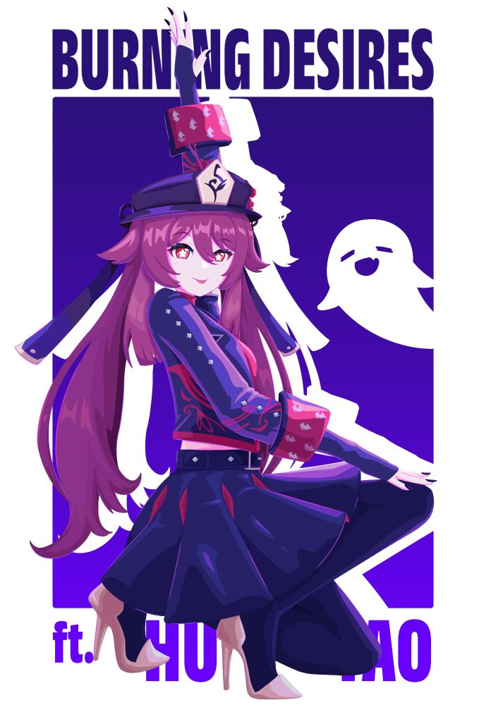 Hu Tao from Genshin Impact wearing Burnice's outfit from Zenless Zone Zero. The text reads "Burning Desires ft. Hu Tao".