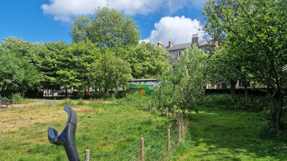 A litterpicker in the foreground with grass, trees, a mural, tenements and blue skies in the background