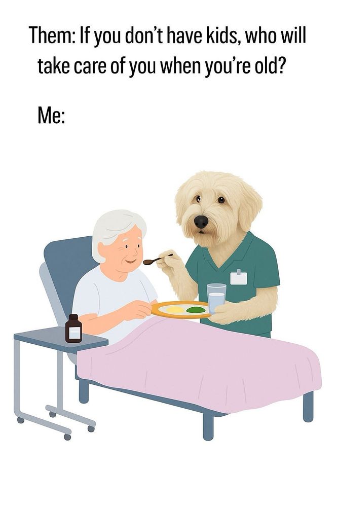 An old lady in a hospital bed being fed dinner by a wheaten terrier in nurse’s scrubs.