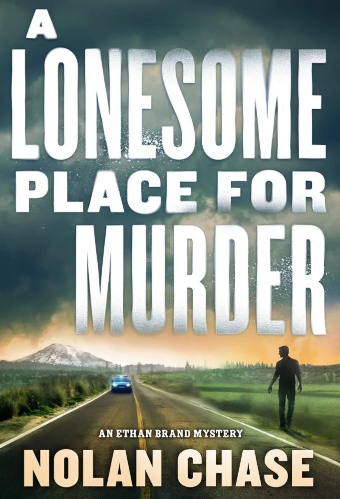 The cover of the book A Lonesome Place for Murder by Nolan Chase is an illustration of a man walking beside a highway.