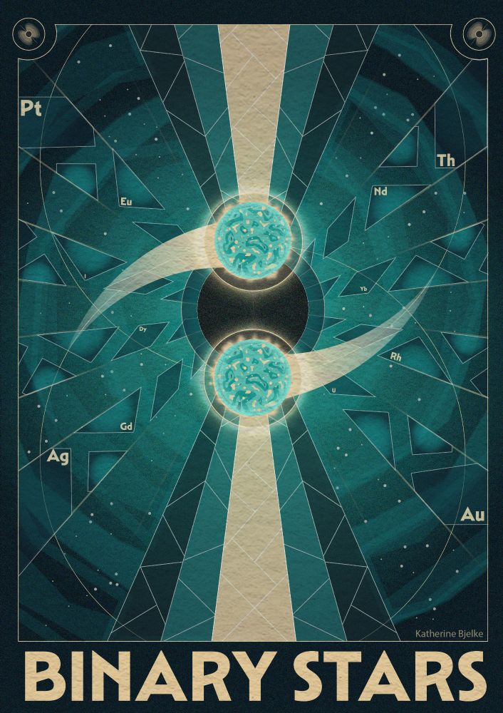 Poster of two binary stars orbiting each other, it has elements that come from the merge of the two stars coming out, like Au,Ag,Th,Rh,Gd,Pu,Pd,Eu art deco style, minimalistic #Sciart