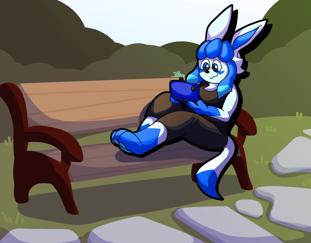 Glaceon sitting on a park bench outside playing their blue DSi XL