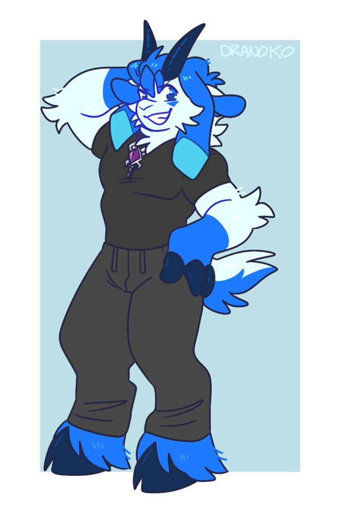 A white and blue anthropomorphic goat posing upright
He's wearing a black shirt, black pants, and a necklace with a purple gem