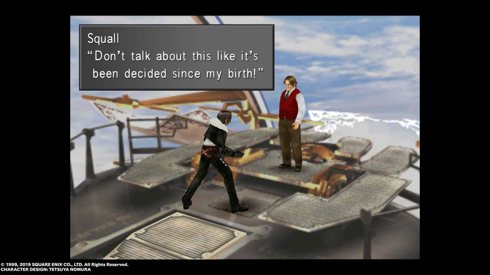 Screenshot of Final Fantasy VIII of Squall leaning forward while yelling "Don't talk about this like it's been decided since my birth!"