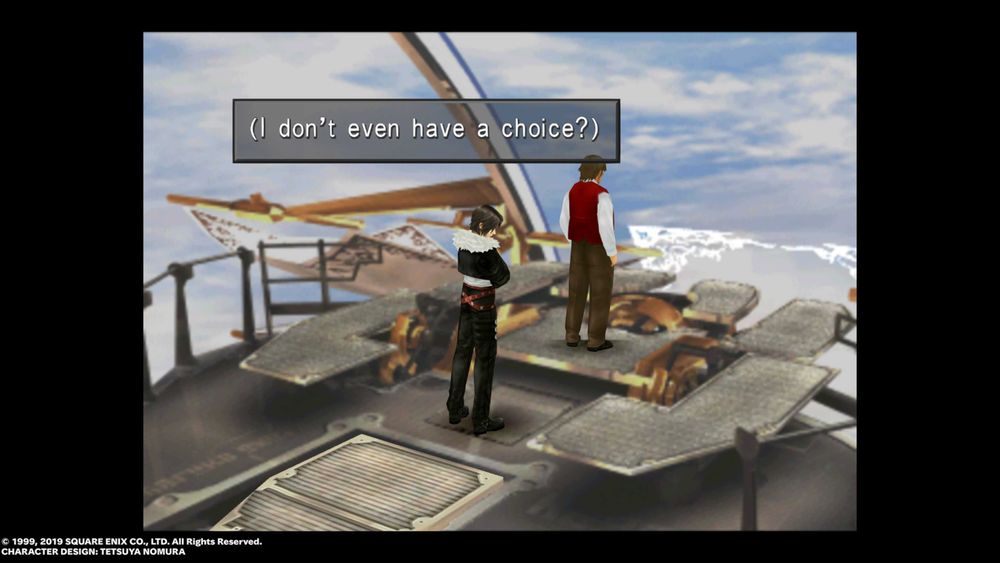 Screenshot of Final Fantasy VIII of Squall looking to the side with a thought bubble saying "(I don't even have a choice?)"