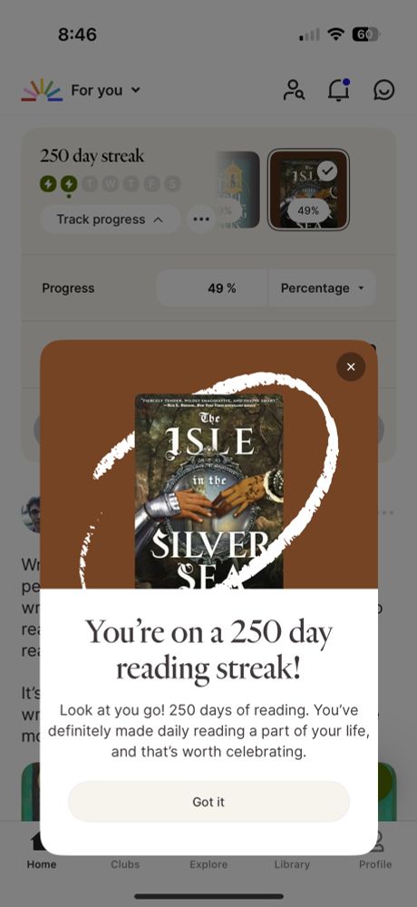A screencap showing I’ve read for 250 days straight. 