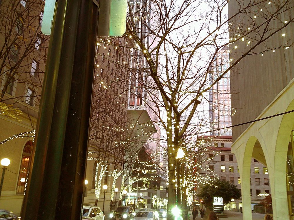 Downtown Seattle, decorated in Christmas style.