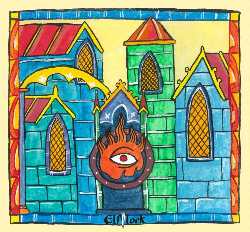 A medieval style art showcasing a castle with a burning eye.