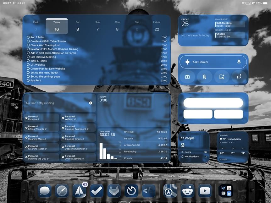 Screenshot of an iPad Home Screen with the new iPadOS 26 public beta which introduces Liquid Glass which I’ve customized with a blue tint