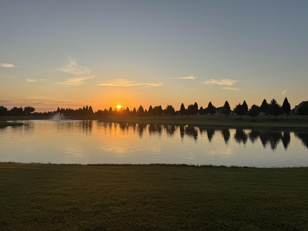 A serene sunrise over a calm lake in a suburban park. The bright orange sun is low on the horizon, partially obscured by a line of silhouetted trees on the far bank. The trees and golden sky are reflected in the smooth water, with a grassy lawn in the foreground.