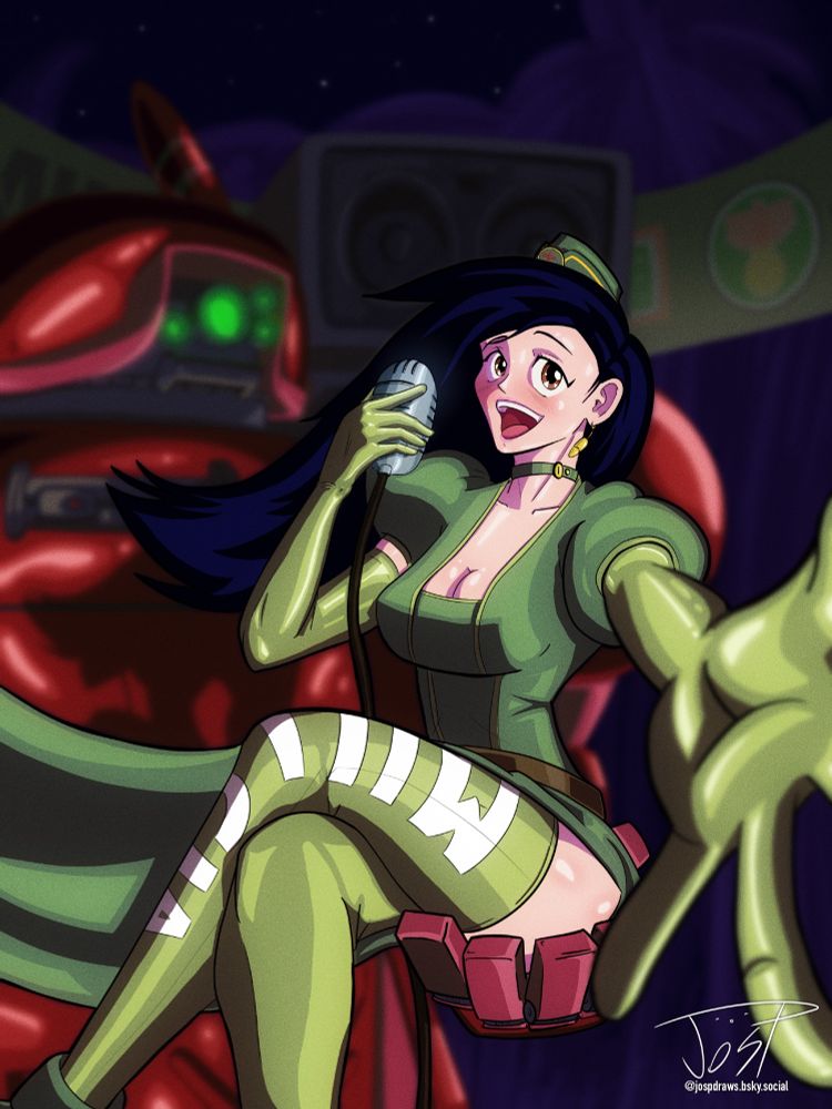 An idol singer in a military-styled dress sits in the hand of a mecha, singing while extending her hand towards the viewer. Behind her looms the mecha, lit by the spotlight on her.