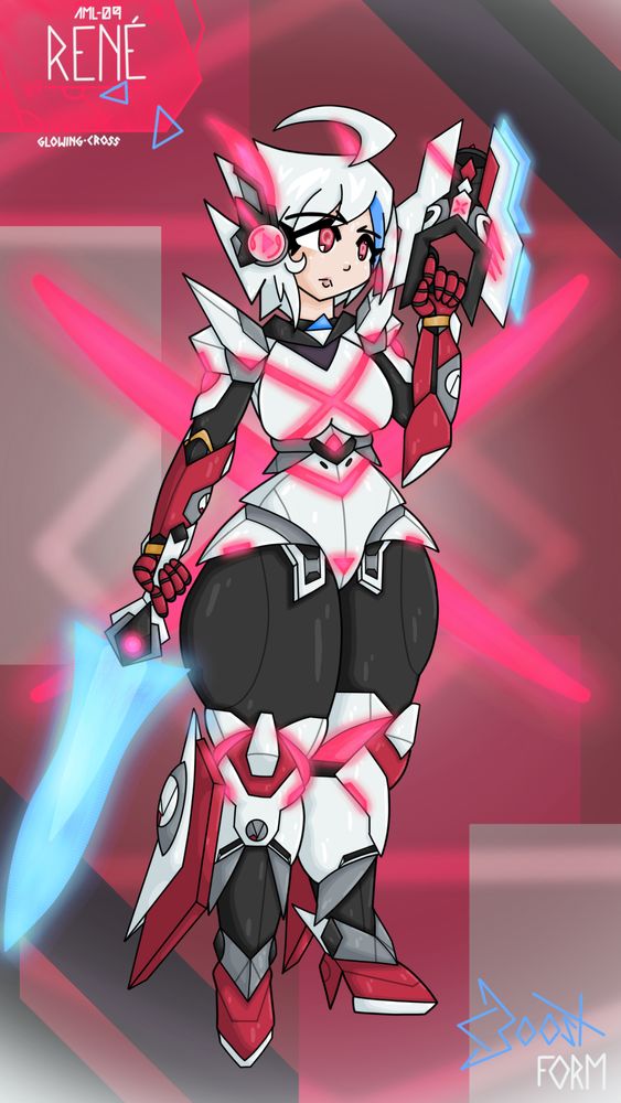A white haired robot girl in white armor, she has a sword and a gun
