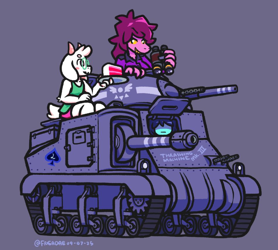 The fun gang in a Medium Tank, Model 3 Grant. Kris is visible through the driver's hatch. Susie is visible through the turret, Ralsei through the loader's hatch offering Susie a cake slice.

Based on a modification of a British commander's quotes on the M3 Lee/Grant tank in WW2.

The 75 is firing. The 37 is firing, but it is pointing the wrong way. The Browning is jammed. I am saying "Kris, advance!" on the radio. Kris, who can’t hear me, is reversing. I look over the top of the turret and see the Roaring fifty yards away. Ralsei hands me a cake slice.