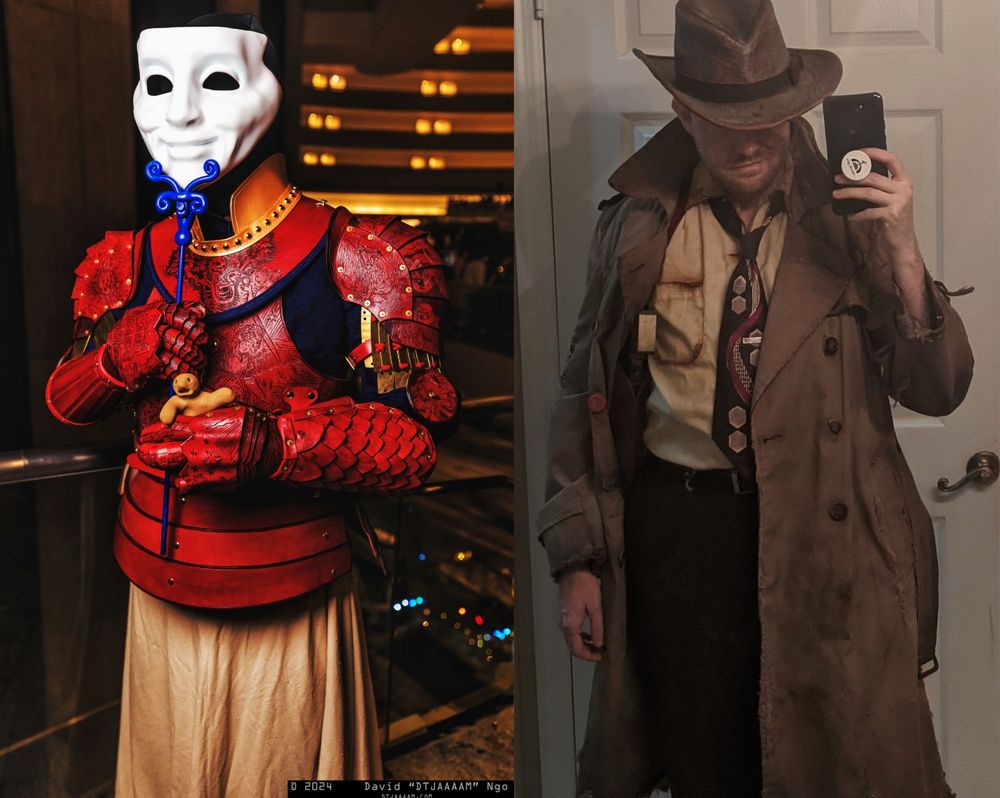 Two cosplays where I did my own thing: An intricate set of leather armor for Thw Mysterious Stranger from The Adventures of Mark Twain, and a WIP of a Nick Valentine (Fallout 4) cosplay using actual clothing from the 1940/50s.