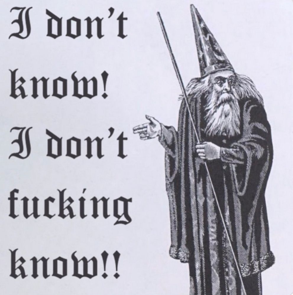 A shrugging wizard next to words in a Gothic font, "I don't know! I don't fucking know!"