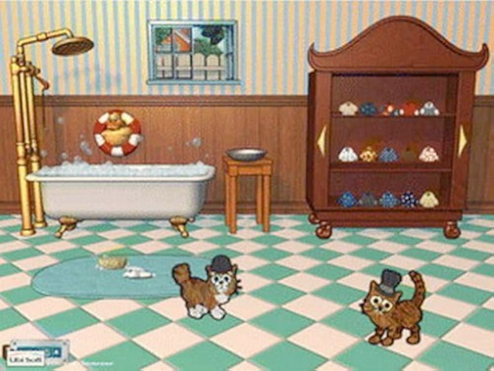 Screenshot of the videogame Catz: a bathroom with a combo bath shower, open accessory wardrobe and two cats in hats with sad eyes