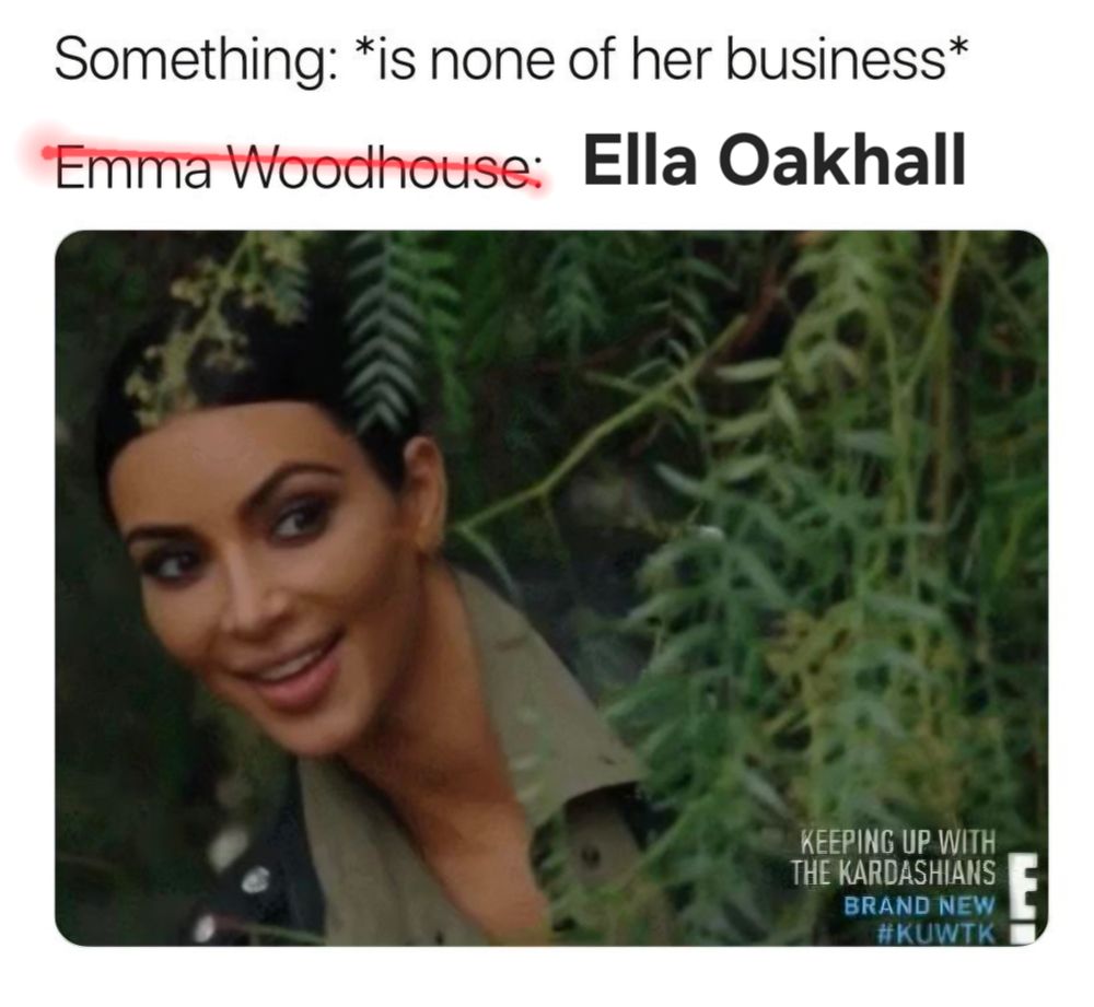 A famous meme from the Kardiashians TV show, with... er... a Kardiashian peeking around a bush.
It says "Something: *is none of her business
Emma Woodhouse: ...
I've crossed out Emma Woodhouse and replaced it with Ella Oakhall
Really, it's not that funny even if you saw the image 🥲