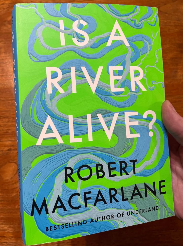 Hand holding proof copy of Is A River Alive?, with blue meanders over neon green background as design. 