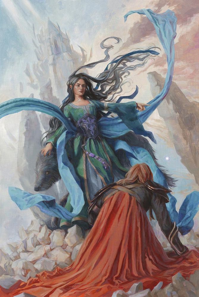 Acrylic painting in a warm color palette, showing Lúthien Tinúviel (from Tolkien's Silmarillion) and the Wolfhound Huan, towering over Sauron, who kneels defeated on the ground. In the background, the fortress of Tol-in-Gaurhoth shatters.