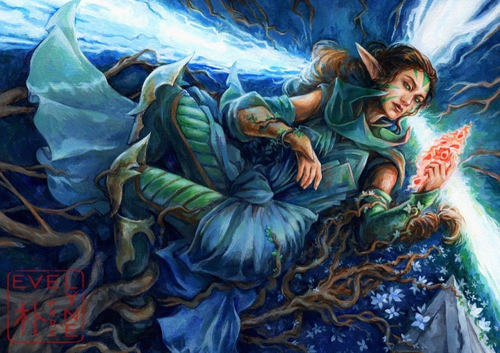 Nissa from Magic the Gathering - a portfolio piece/fanart. Nissa, an elven woman, is lying on the intersection of three magical leylines. Tree roots grow around her legs as if to entangle her, but she seems to be at peace where she is.