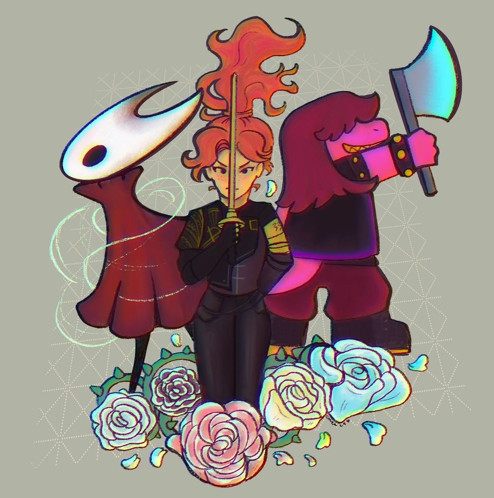 a fanart depicting, from left to right, 3 game characters: Hornet from hollow knight: silksong, maelle from Clair obscur: expedition 33 and Susie from Deltarune