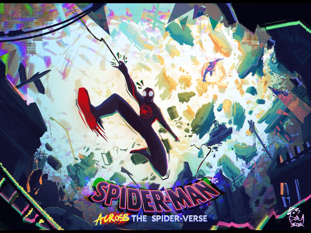 Spider-Man shoots his web through a shattered, chaotic dimension, with Spider-Man (Miguel) launches out of a portal chasing Miles.