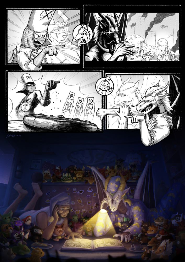 A massive commission, featuring a 4 panel comic at the top in the style of a manga. And below it is a full illustration of characters reading a manga together while surroudned by plushies...

The first panel shows an angry chef pointing to the right, with an anthropomorphic dog holding him back.

The second panel shows a dragon seemingly unscathed, wiping his shoulders. Behind him is a duck kaiju with a large bump on his head, seeminly done by another character with a huge hammer in the back.

The third panel is the same chef salting the chocolate pizza, and everyone loving it.

His victory leads to the fourth panel where the dragon is seeminly angry and frustrated that the chocolate pizza was victorious.

The plushies and tiny details in the illustration below are various fursonas and characters of friends and people i've met on a discord server - If you're one of those guys reading this, I hope our paths cross again <3.