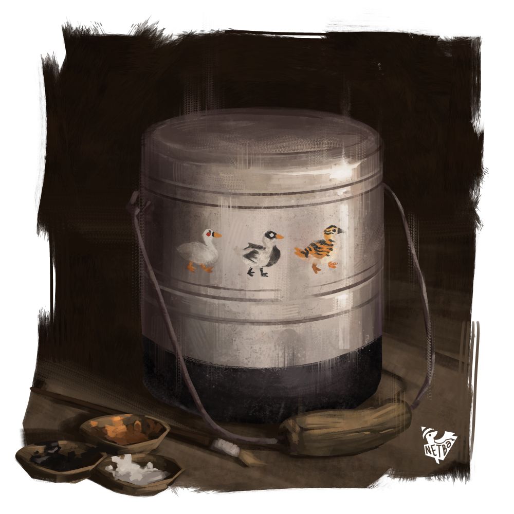 a painting of the lunch bucket that Nikolai gave to Sam with the three ducks painted on them. One is white, the second is black and white, the third is orange with stripes.