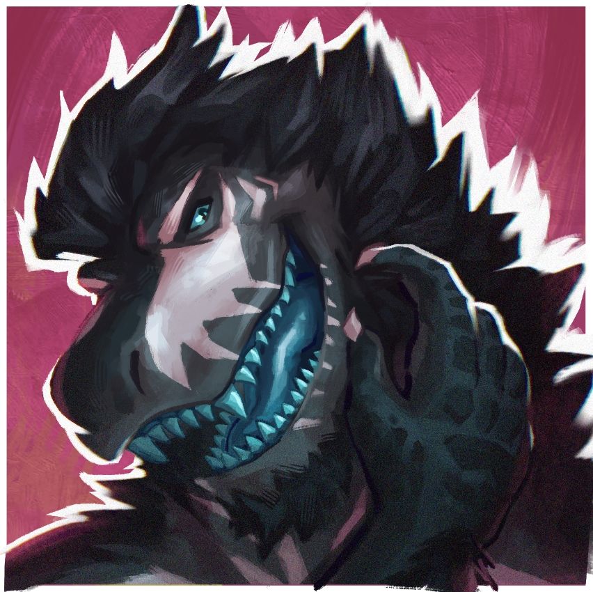 A black dinosaur with white face paint resembling the bones. He is grinning at you as he grazes his claw on his beard.