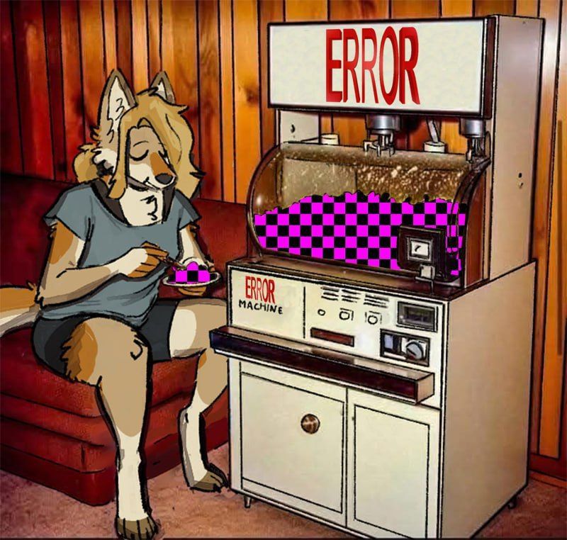Art of anthro creature eating [missing texture] from the ERROR machine.