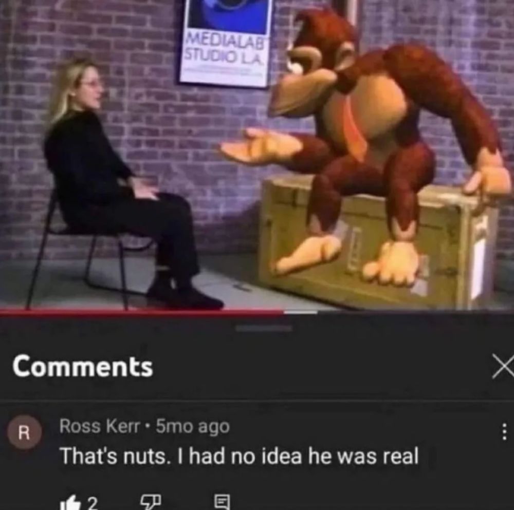 Screenshot of a YouTube video with a person and Donkey Kong talking. There's a comment under this video reading "That's nuts. I had no idea he was real".
