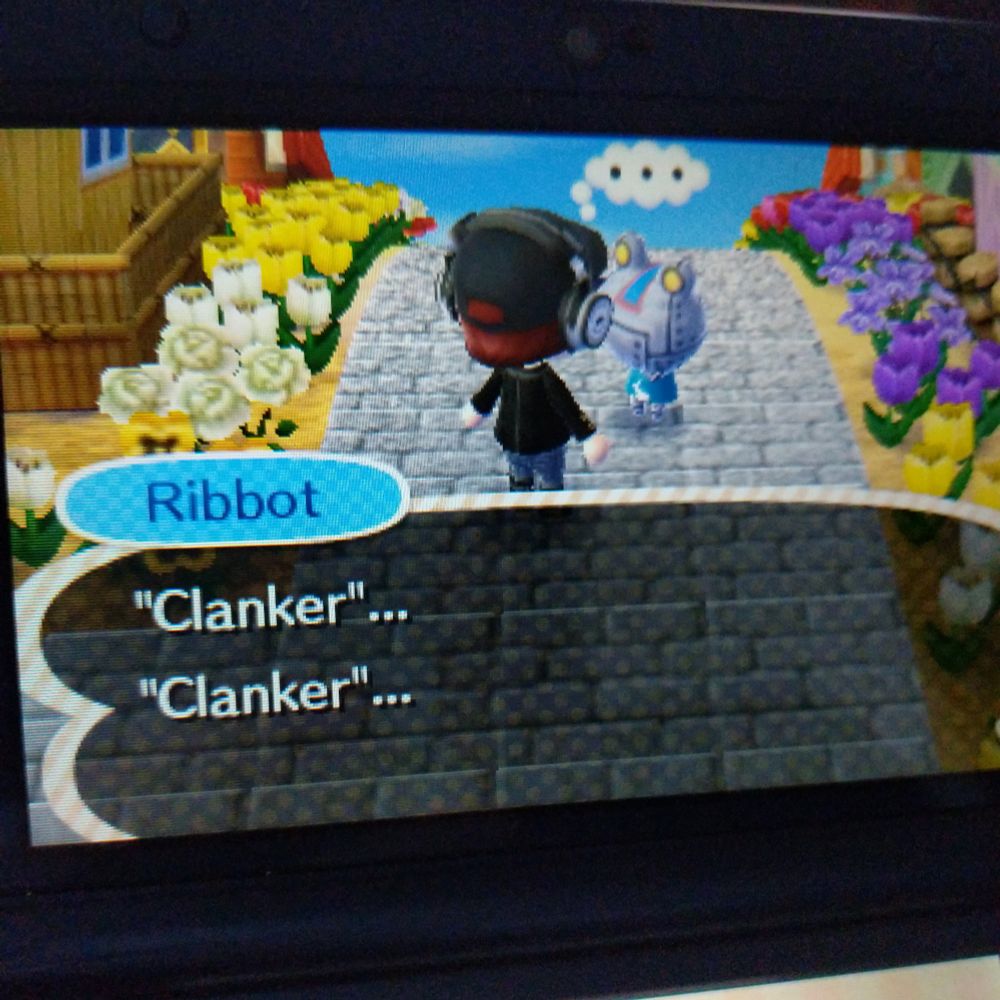 Animal Crossing New Leaf screenshot with Ribbot, a robot frog, repeating the word "Clanker" twice