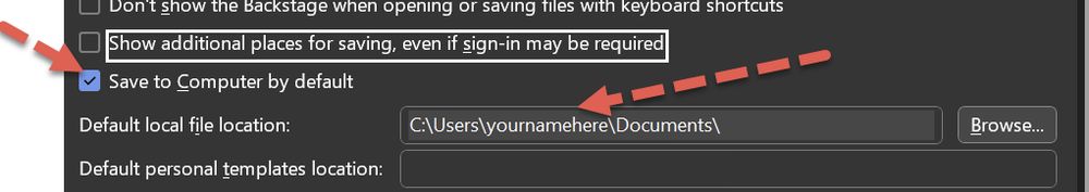A screenshot of MS Word options dialog pointing out the options to save locally