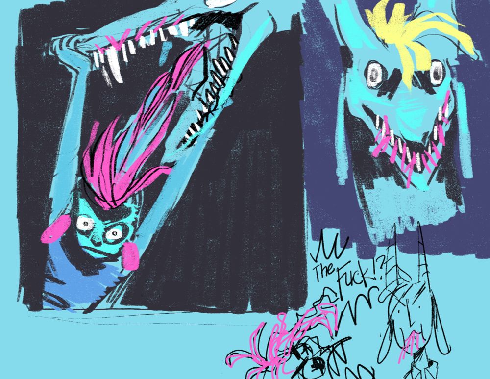 idris the dragon biting Dian’s hair and ripping a chunk out with his teeth. Dian say:  The Fuck!? three panel comic. procreate. 