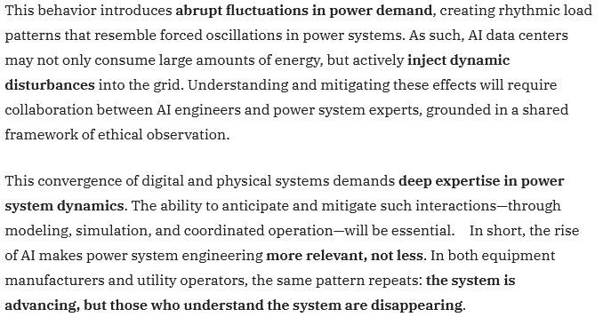 text from the article in the reposted post - the main passage is this: "The rise of AI makes power system engineering more relevant, not less. In both equipment manufacturers and utility operators, the same pattern repeats: the system is advancing, but those who understand the systems are disappearing"
