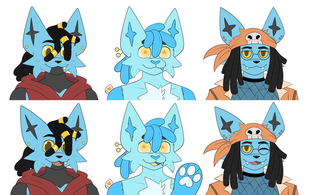 The piece shows 3 different variants of my sona: Him in normal attire, as a plushie, and in his punk attire. Each is from the shoulder up and also features a "Talk Alt" below each of them.