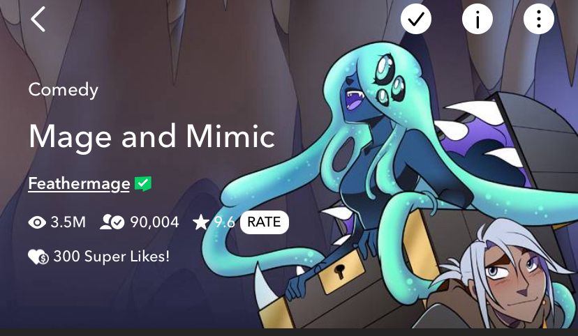 Webtoon Original screen shot of Mage and Mimic. A cyan/blue mimic and her awkward cursed Mage partner 
