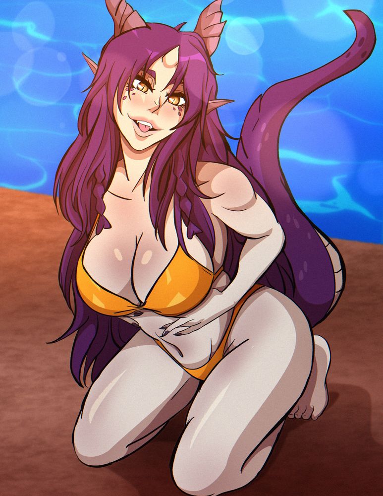 Purple haired dragon lady in a gold bikini