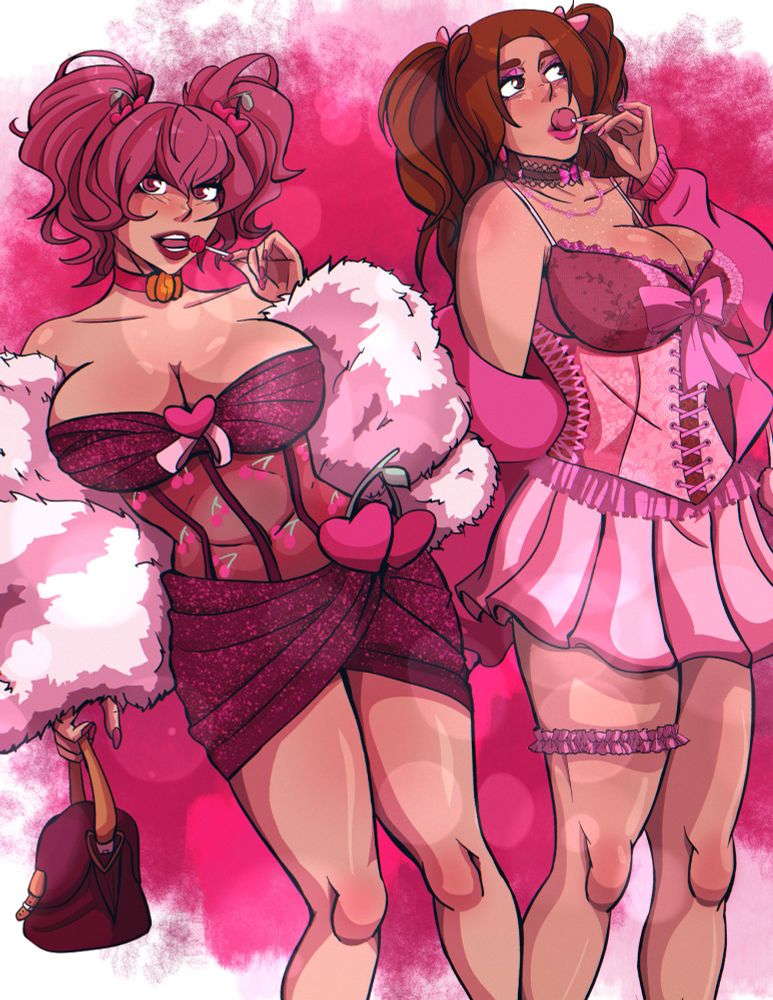 2 women licking lollypops with their hair in pigtails and vibrant outfits.