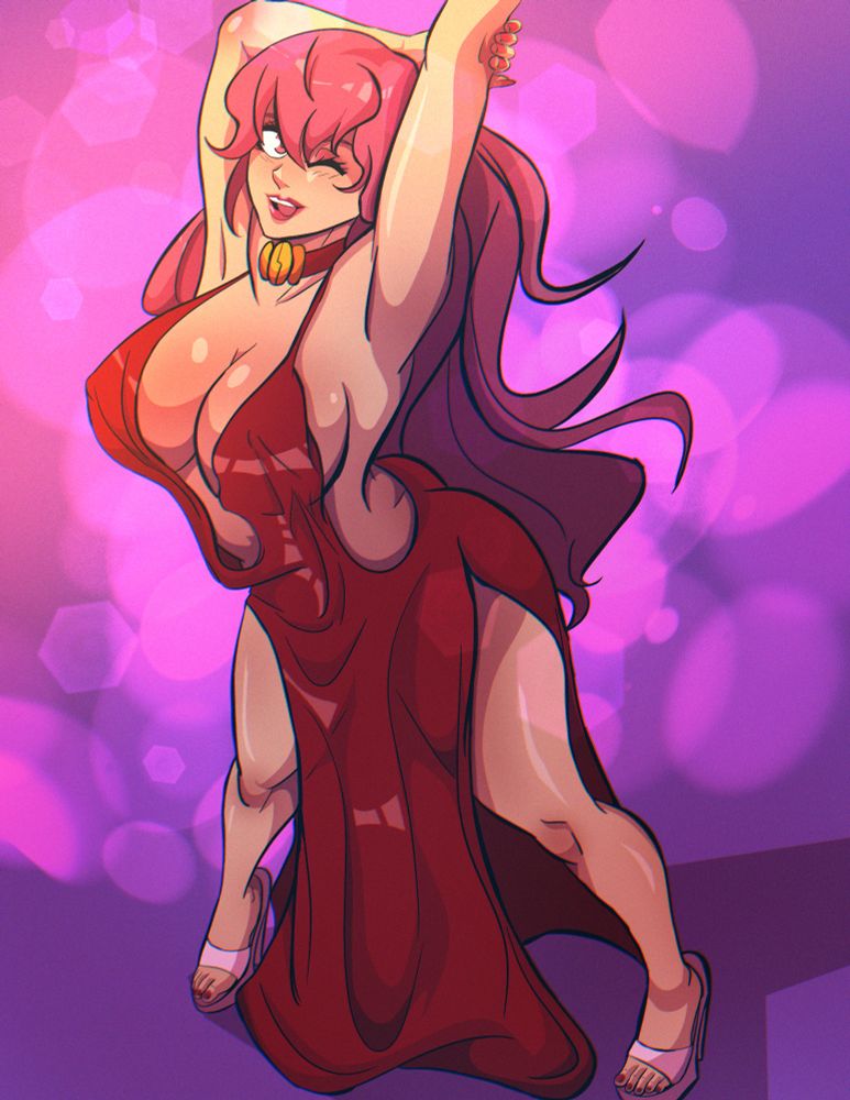 Curvy woman in a low cut red dress looking up towards the camera as she's stretching her arms up.
