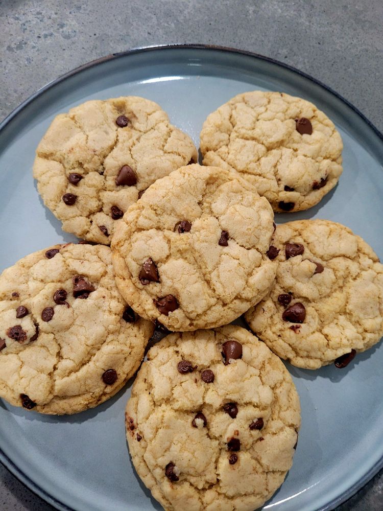 Chocolate chip cookies on a blue plate