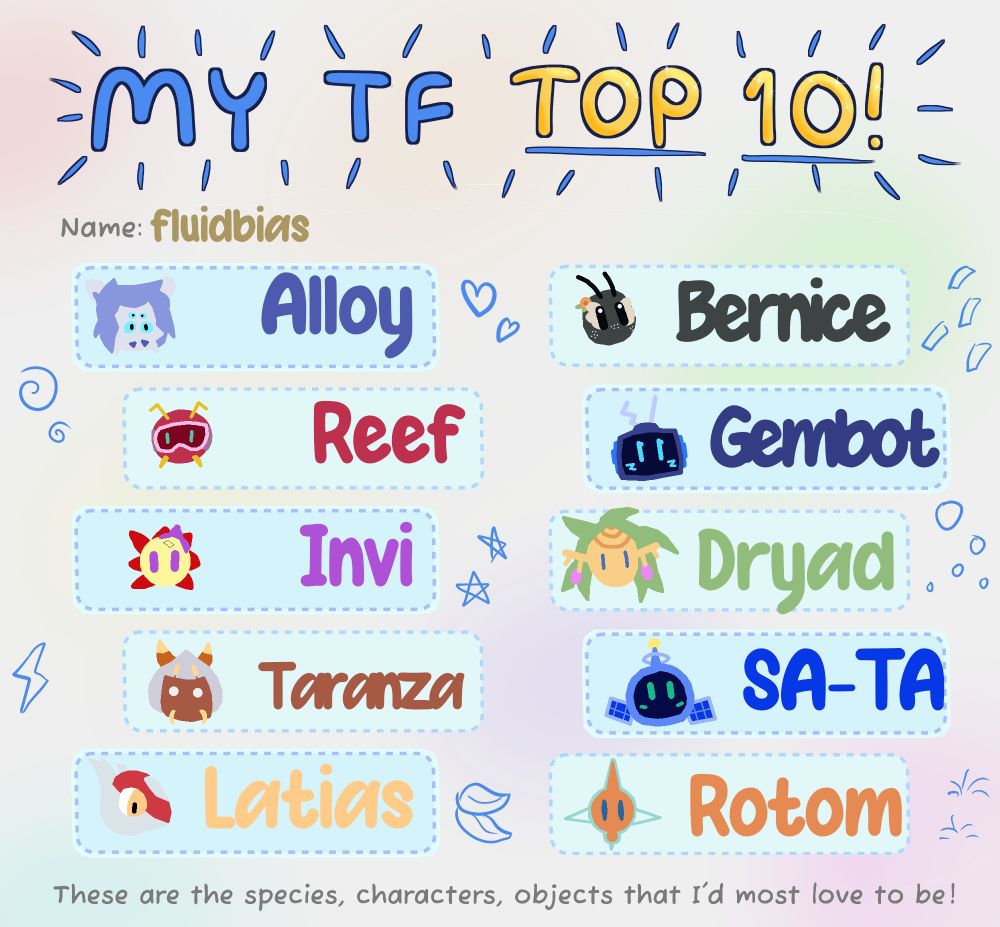 A meme that says "MY TF TOP 10!" at the top, with ten blank spaces filled in by my preferences, displaying a footer of "These are the species, characters, objects that I'd most love to be!" My username is written in the name field. The ten TF subjects are all accompanied with simple, lineless doodles of their heads, with no visible mouths. The TF subjects are:

Alloy, the silver tarantula girl
Reef, the inflatable robot spider
Invi, the lavender flower goddess
Taranza, the spider character from Kirby
Latias, the legendary plane-like Pokemon
Bernice, the monarch butterfly girl
Gembot, the maid-dressed TV head robot
Dryad, the elemental of Wood from the Mana series
SA-TA, the satellite-themed tutorial robot from Wonder Wickets
Rotom, the plasma lightning ball Pokemon

The page is decorated with little pre-built doodles of things like swirls, stars, hearts, confetti, and the like.