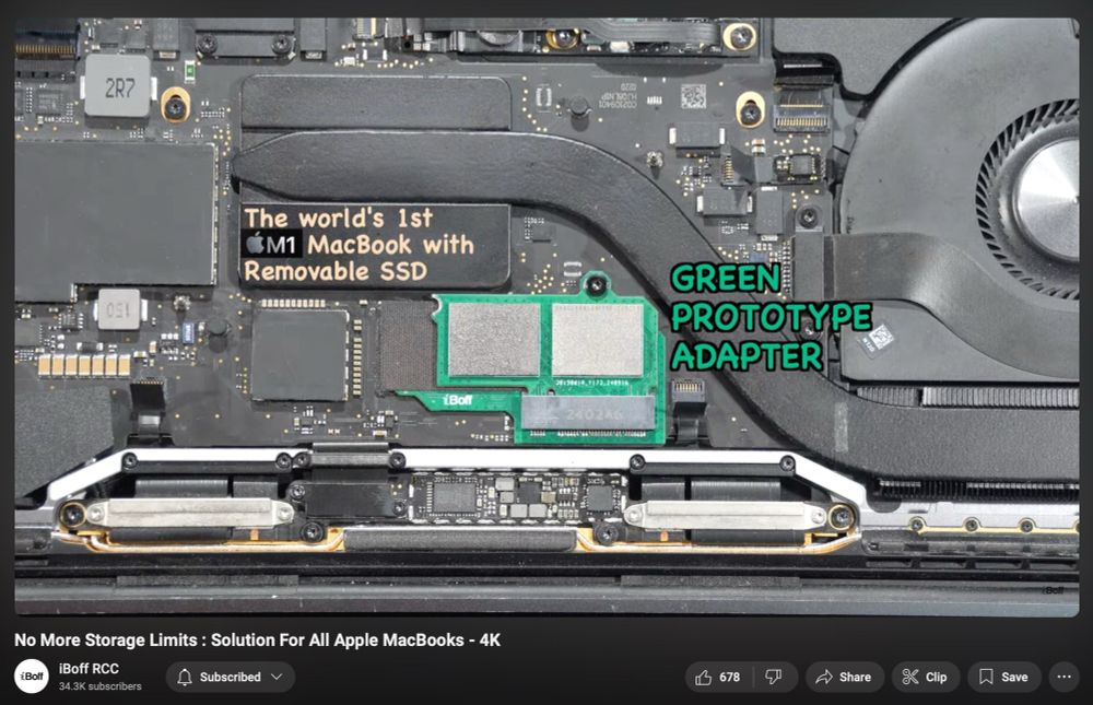 A cropped screenshot of the video “No More Storage Limits: Solution for All Apple MacBooks - 4K” 

The video is showing an Apple silicon MacBook Pro’s logic board with a “green prototype adapter” — a small piece of green-colored logic board with two SSD drives attached onto it, and the entire small green board is affixed to the main logic board with a single black Phillips-head screw — in place of the regular soldered SSD. It is annotated with the text “The world’s 1st Apple M1 MacBook with Removable SSD” to its top left