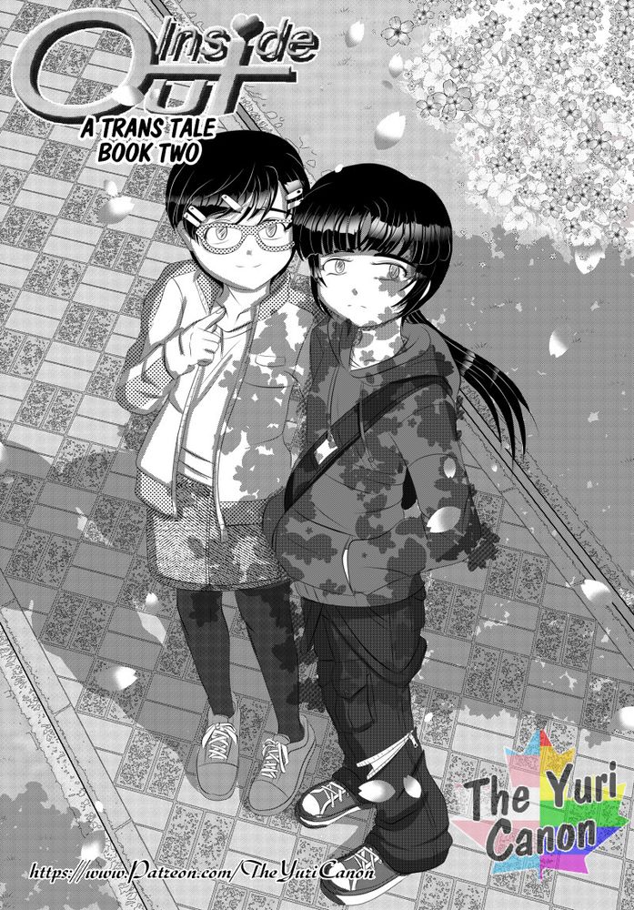 Comic cover image for webcomic "Inside OuT: A Trans Tale" Two teens standing in the middle of a path looking up at flowers on a tree. One with long black hair in a ponytail wearing a hoodie and pants with many belts and zippers on the knees. The other with Short hair held up with hair clips and wearing think rimmed glasses, track jacket and jean skirt.