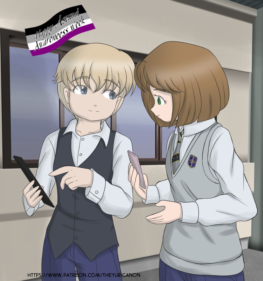My art for "Happy Asexual Awareness Week" that I did a few years back of two of my ace characters talking while showing each other things on their phones.  