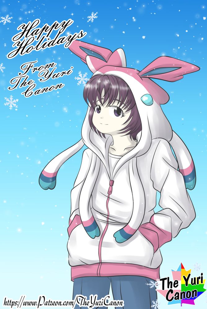 Old Christmas art of my OC, Hitomi, originally from my old webcomic, she appears in my current series, Inside OuT: A Trans Tale. She is wearing a hoodie made to look like the Eevee Pokemon Sylveon. 