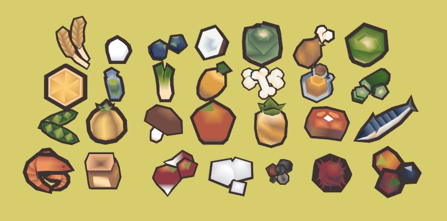 A collection of low poly 3D models of food, such as apples, lettuce, carrots, shrimp, and others.