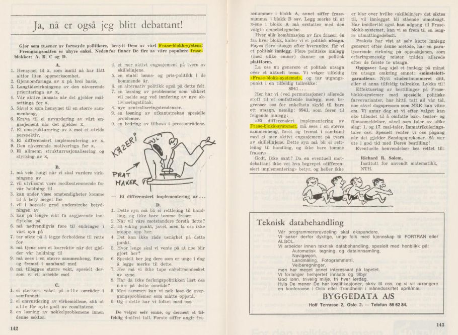 Utsnitt av Under dusken nummer 9, 1969. Utsnittet viser eit frase-blokk-system, der ein kan setja saman ulike politikarfraser